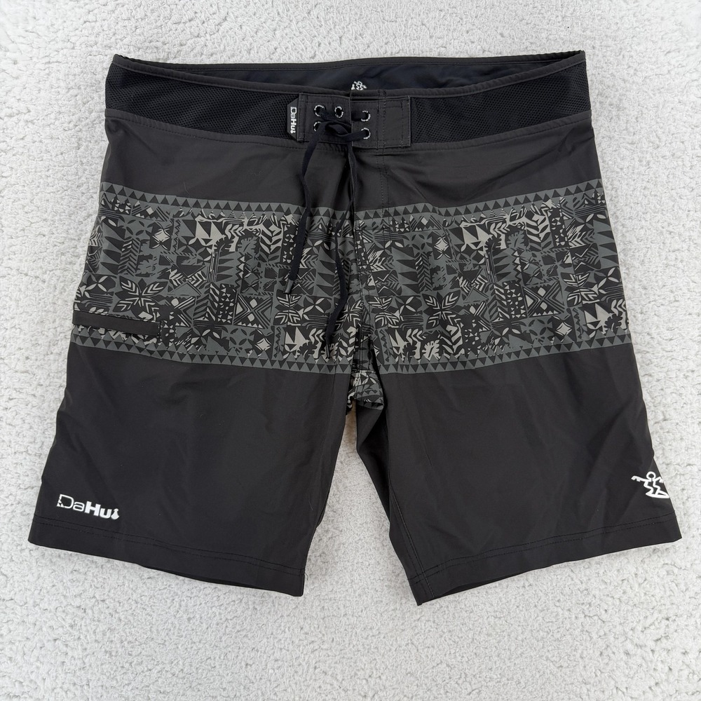 DaHui Board Shorts Mens 36 Black Geometric Surf Swim Trunks Stretch Quick Dry